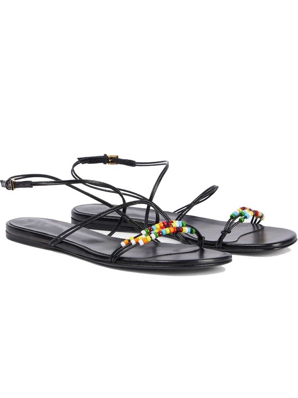 Brand New! Black Beaded Tie-Strap Flat Sandals (Size: 9)